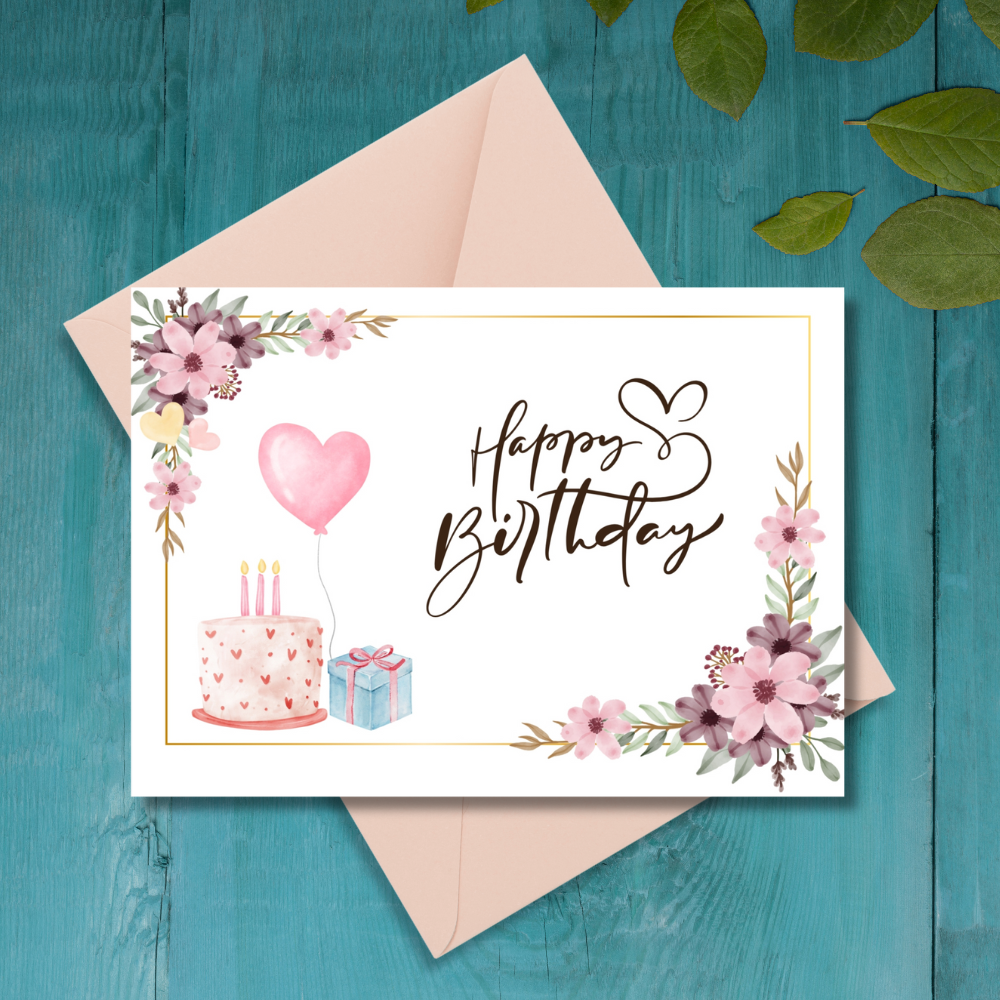 Happy Birthday Floral Greeting Card | Printable 5x7 Inch Digital Download | Pink Cake, Balloon & Flowers #023