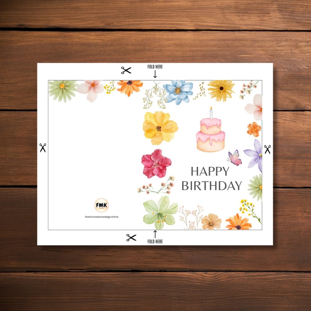 Happy Birthday Greeting Card | Printable 5x7 Inch Digital Download | Floral Cake & Butterfly Design #014