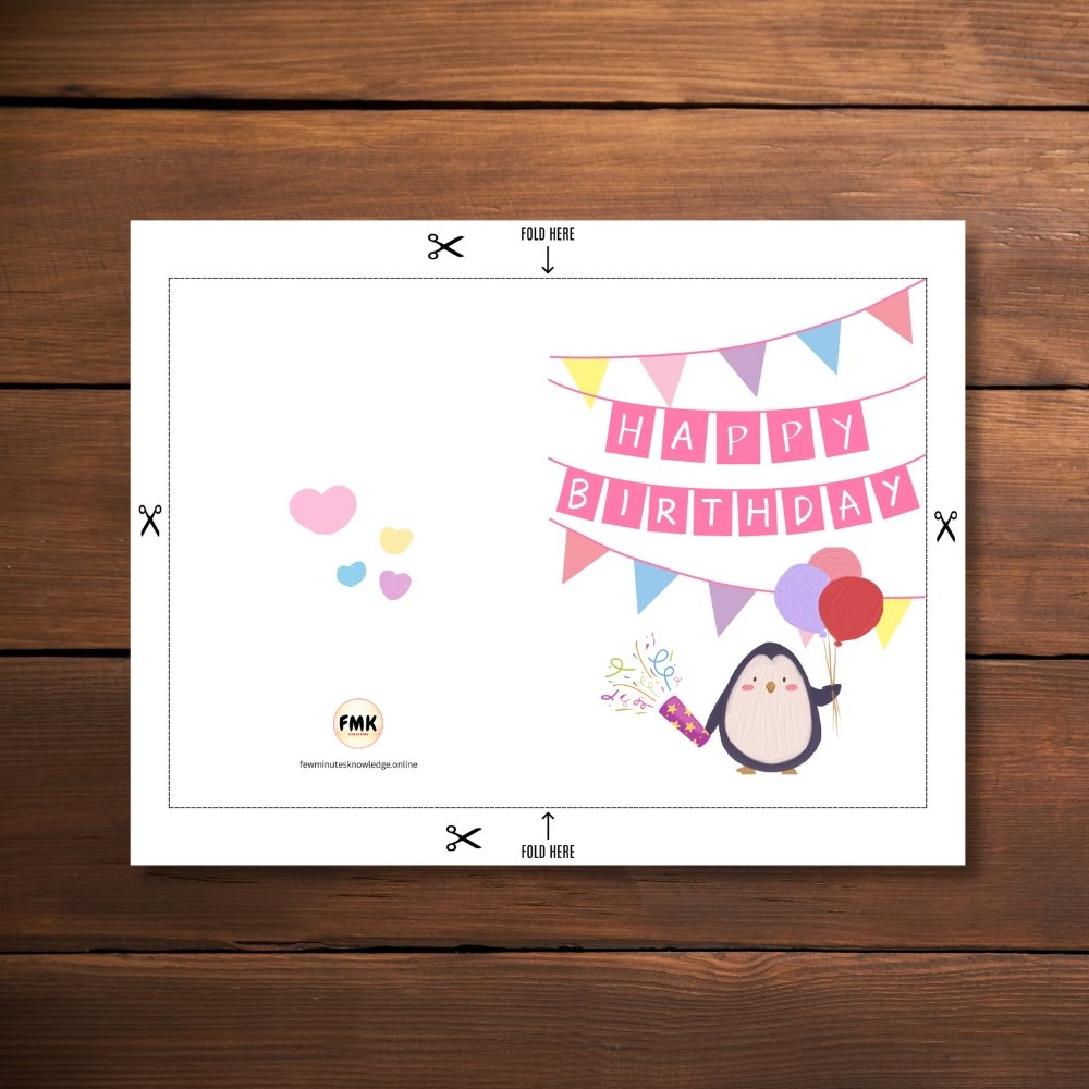 Happy Birthday Penguin Greeting Card | Printable 5x7 Inch Digital Download | Cute Penguin with Balloons #015