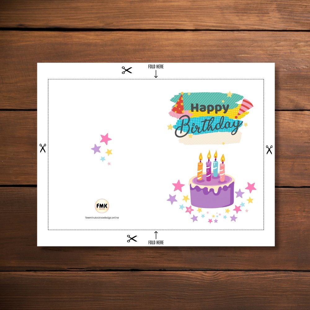 Celebrate birthdays in style with this vibrant Happy Birthday Greeting Card! The playful design showcases a purple frosted cake with four colorful candles, surrounded by stars and party accents. A delightful choice for kids, friends, or anyone who deserves a sweet celebration. β¨ How It Works β¨ β’ Download your high-resolution 300 DPI PDF file (just like shown) β’ Print on 8.5" x 11" cardstock or paper β’ Cut along the guides and fold on the marked line β’ You now have a beautiful 5" x 7" greeting card ready to use! π Please Note: β’ This is a digital product β no physical item will be shipped β’ For personal use only. Commercial use, resale, or redistribution of the design (digital or printed) is not allowed β’ The envelope and flowers shown in display photos are for presentation only and are not included with the download