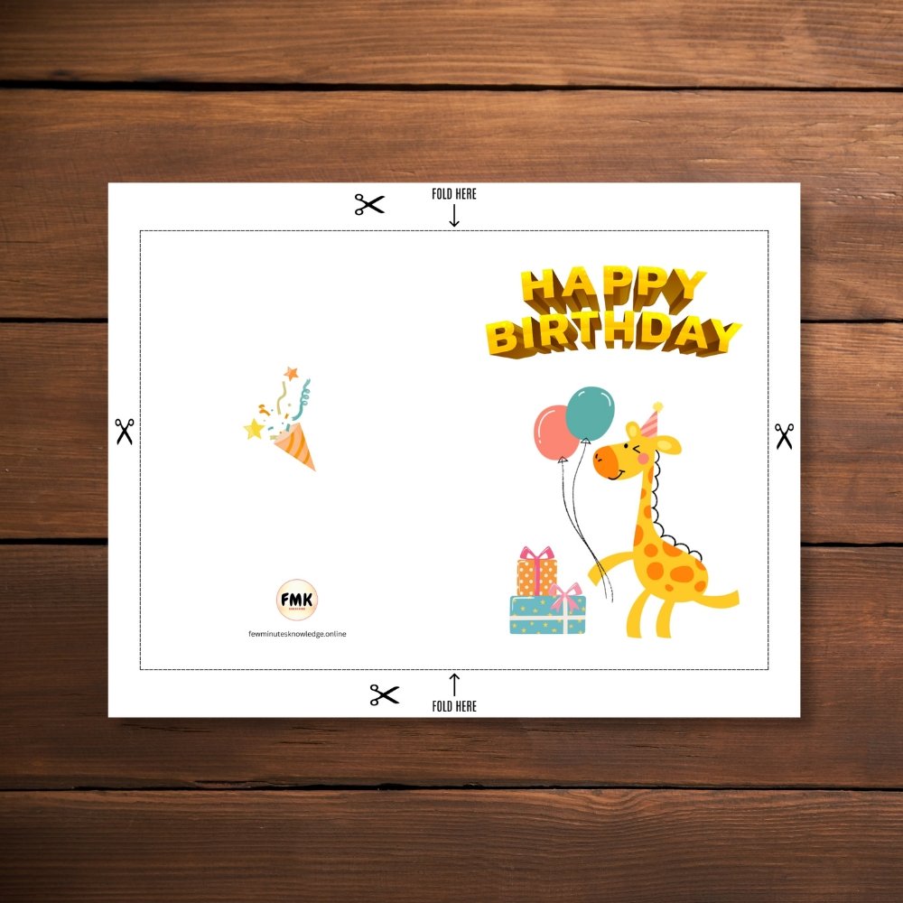 Happy Birthday Giraffe Greeting Card | Printable 5x7 Inch Digital Download | Cute Animal with Balloons & Gifts #017