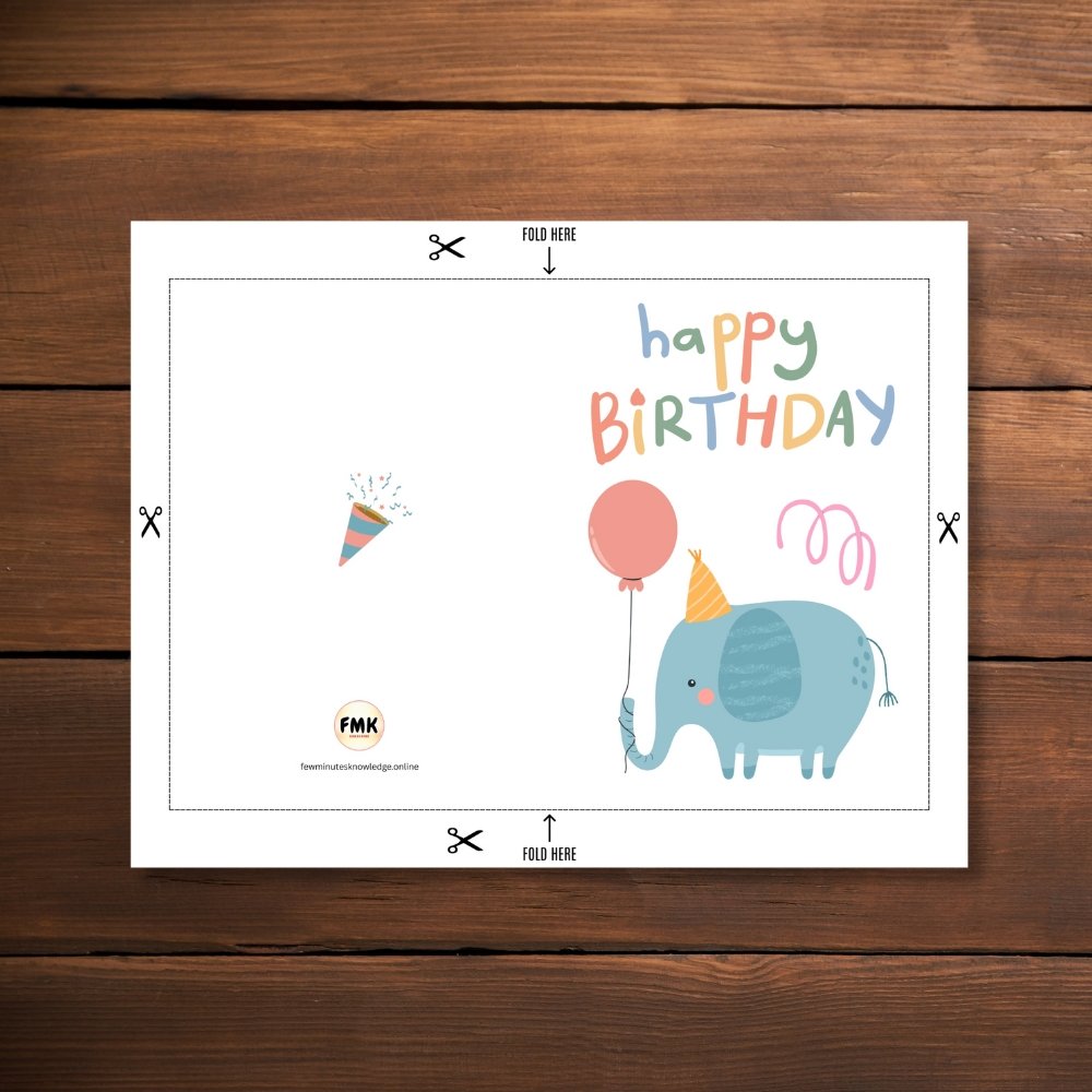 Happy Birthday Elephant Greeting Card | Printable 5x7 Inch Digital Download | Cute Elephant with Balloon & Party Hat #019