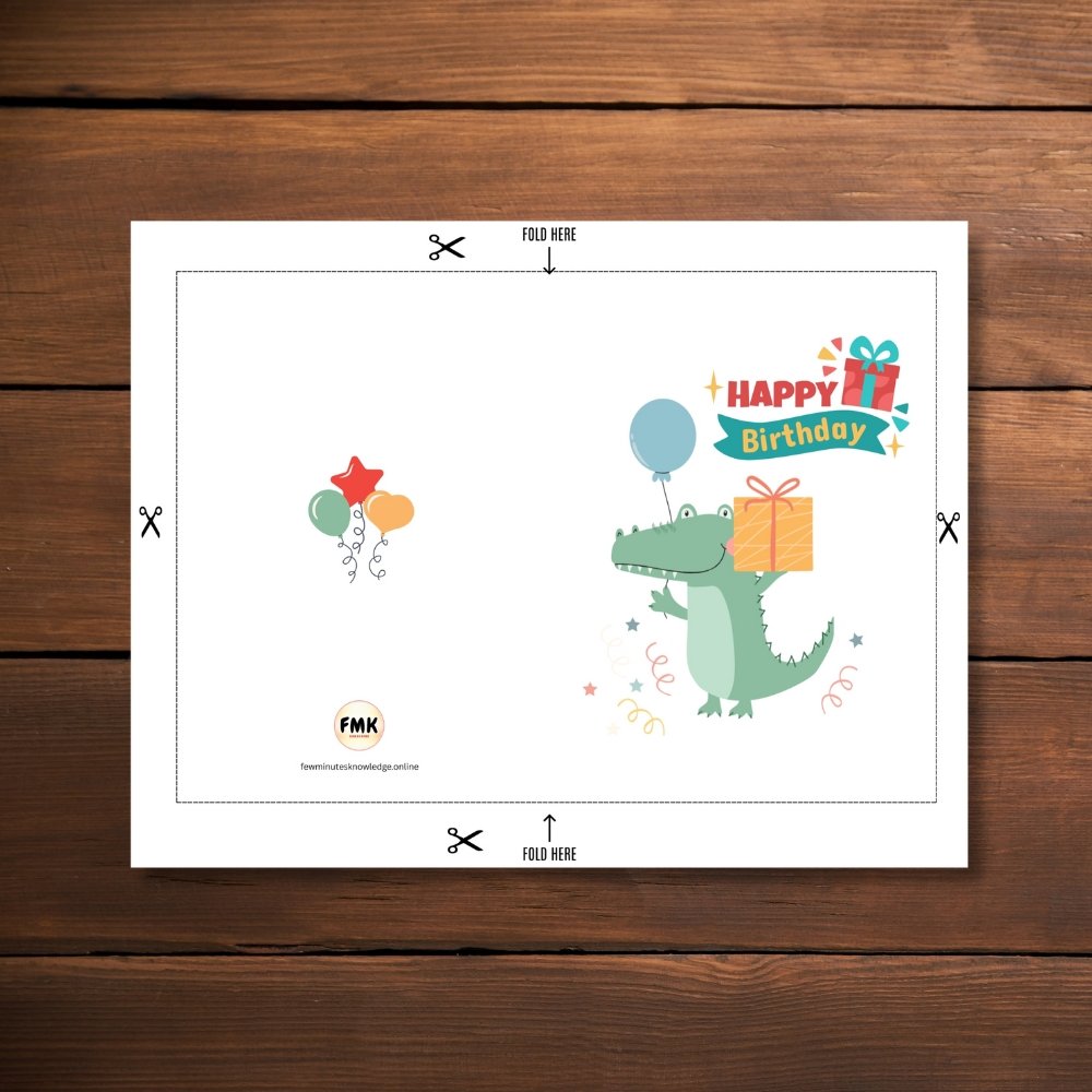 Happy Birthday Crocodile Greeting Card | Printable 5x7 Inch Digital Download | Cute Croc with Balloon & Gift #020