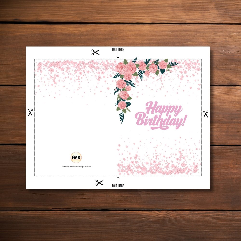 Happy Birthday Greeting Card | Elegant Pink Roses & Petals | Printable 5x7 Inch Digital Download #003