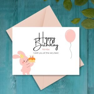 Happy Birthday Bunny Greeting Card | Printable 5x7 Inch Digital Download | Cute Rabbit with Cake & Balloon #021