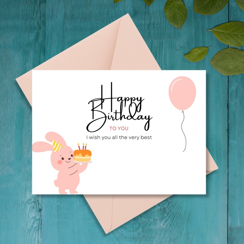 Happy Birthday Bunny Greeting Card | Printable 5x7 Inch Digital Download | Cute Rabbit with Cake & Balloon #021