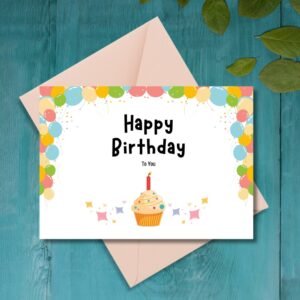 Happy Birthday Balloon & Cupcake Greeting Card | Printable 5x7 Inch Digital Download | Colorful Balloons with Cupcake Design #022