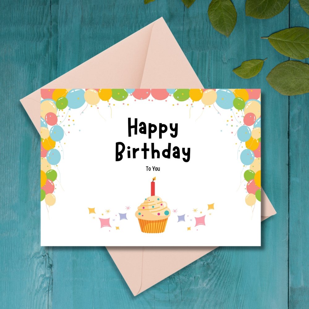 Happy Birthday Balloon & Cupcake Greeting Card | Printable 5x7 Inch Digital Download | Colorful Balloons with Cupcake Design #022