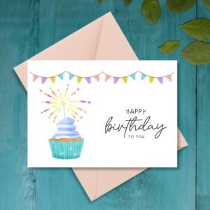 Happy Birthday Cupcake Greeting Card | Printable 5x7 Inch Digital Download | Colorful Cupcake with Sparkler #024