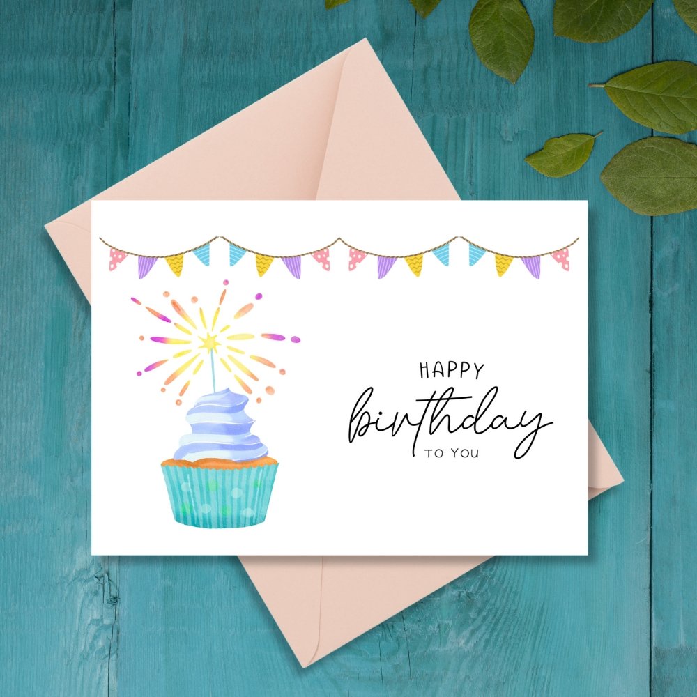Happy Birthday Cupcake Greeting Card | Printable 5x7 Inch Digital Download | Colorful Cupcake with Sparkler #024