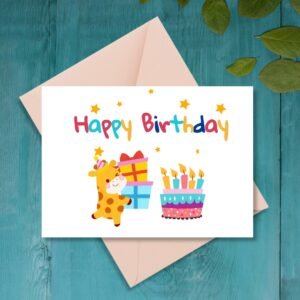 Happy Birthday Giraffe Greeting Card | Printable 5x7 Inch Digital Download | Cute Giraffe with Gifts & Cake #025