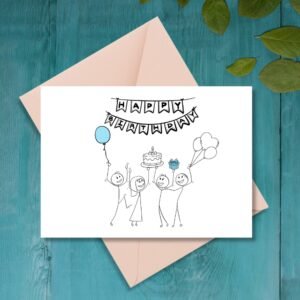 Happy Birthday Stick Figure Greeting Card | Printable 7x5 Inch Digital Download | Fun Cartoon Party Design #026