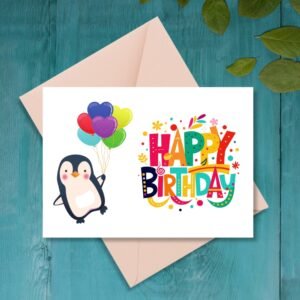 Happy Birthday Penguin Greeting Card | Printable 7x5 Inch Digital Download | Cute Penguin with Balloons #027