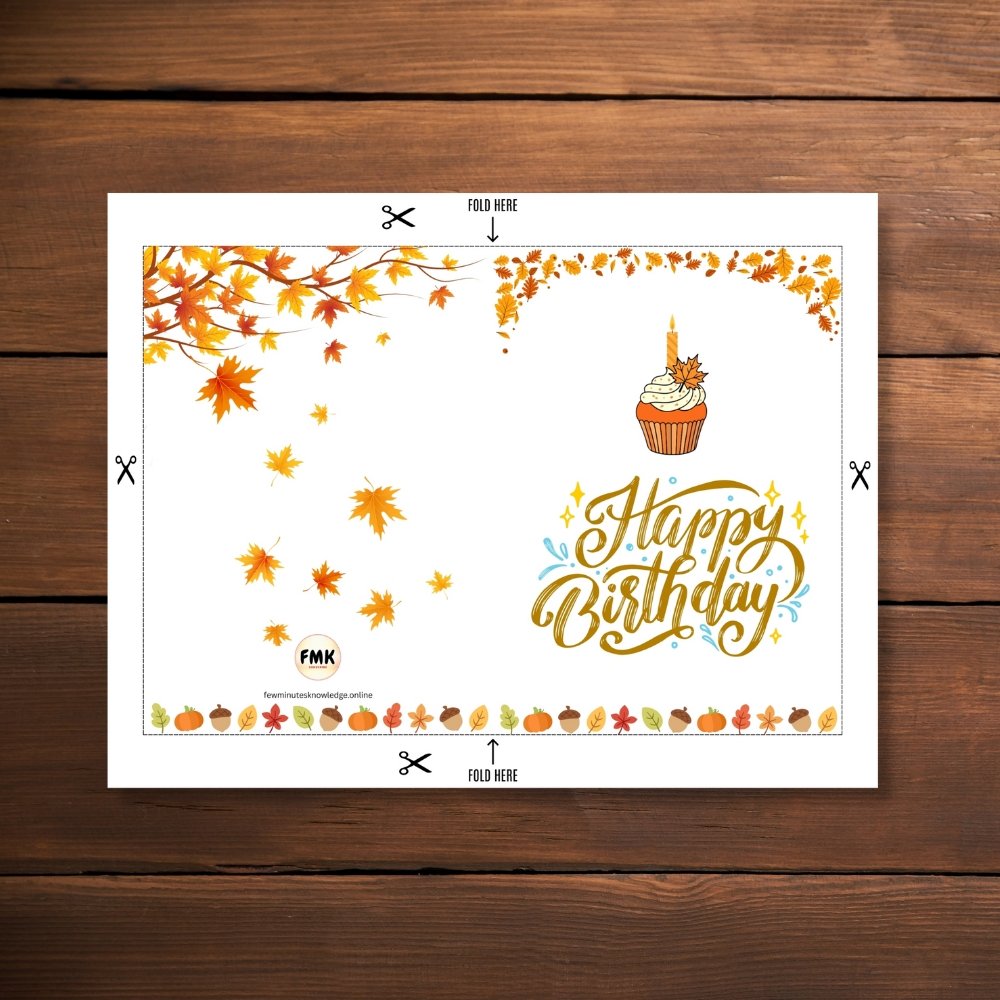 Happy Birthday Greeting Card | Autumn Leaves & Cupcake | Printable 5x7 Inch Digital Download #006