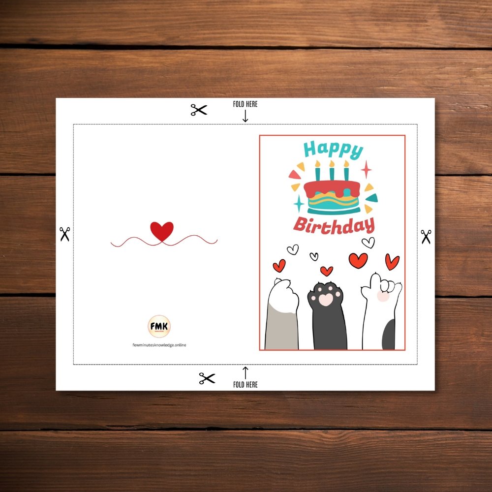 Happy Birthday Cat Greeting Card | Printable 5x7 Inch Digital Download | Cute Cat Paws & Cake #008 - Image 2