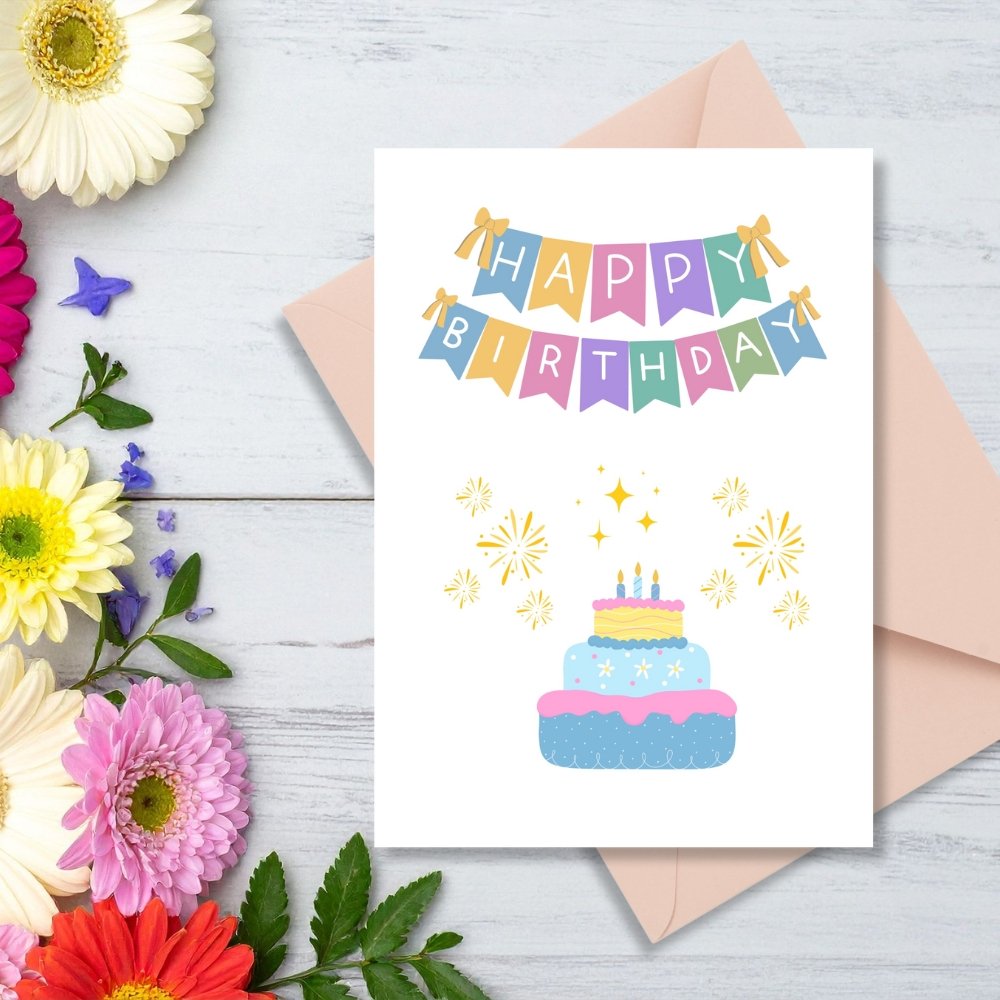Happy Birthday Greeting Card | Printable 5x7 Inch Digital Download | Cake & Party Banner #013