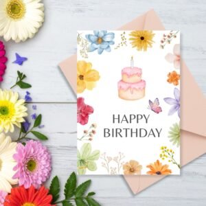 Happy Birthday Greeting Card | Printable 5x7 Inch Digital Download | Floral Cake & Butterfly Design #014
