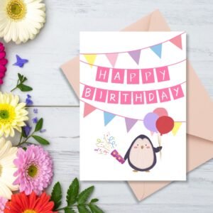Happy Birthday Penguin Greeting Card | Printable 5x7 Inch Digital Download | Cute Penguin with Balloons #015
