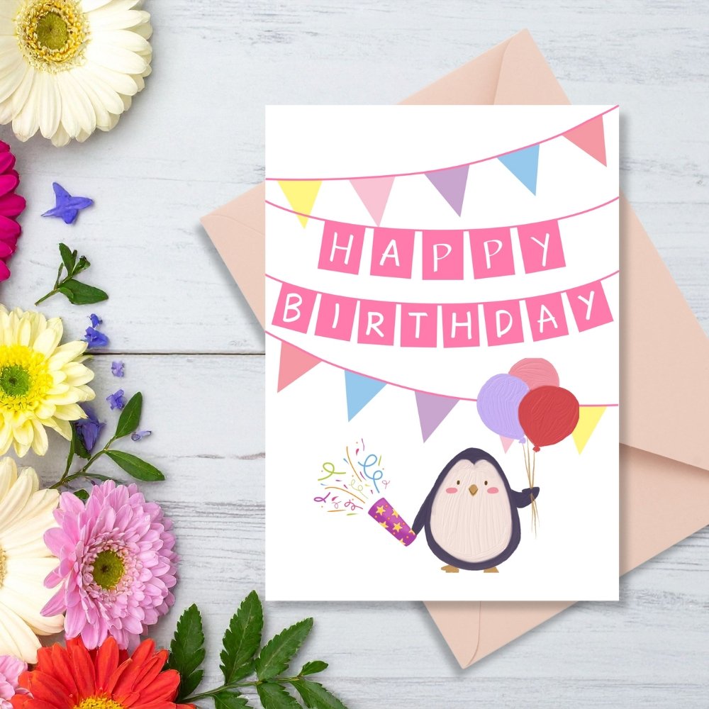 Happy Birthday Penguin Greeting Card | Printable 5x7 Inch Digital Download | Cute Penguin with Balloons #015
