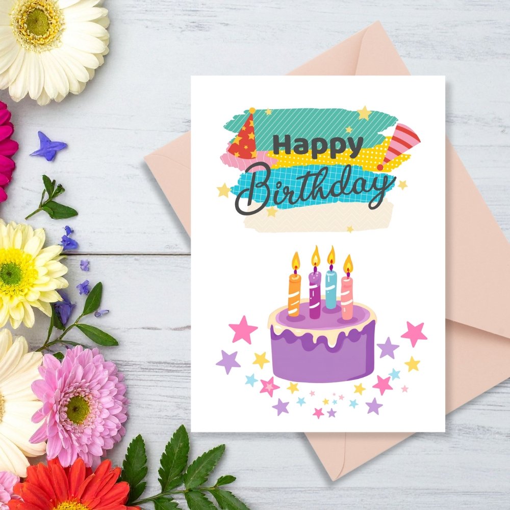 Celebrate birthdays in style with this vibrant Happy Birthday Greeting Card! The playful design showcases a purple frosted cake with four colorful candles, surrounded by stars and party accents. A delightful choice for kids, friends, or anyone who deserves a sweet celebration. β¨ How It Works β¨ β’ Download your high-resolution 300 DPI PDF file (just like shown) β’ Print on 8.5" x 11" cardstock or paper β’ Cut along the guides and fold on the marked line β’ You now have a beautiful 5" x 7" greeting card ready to use! π Please Note: β’ This is a digital product β no physical item will be shipped β’ For personal use only. Commercial use, resale, or redistribution of the design (digital or printed) is not allowed β’ The envelope and flowers shown in display photos are for presentation only and are not included with the download