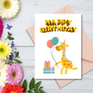 Happy Birthday Giraffe Greeting Card | Printable 5x7 Inch Digital Download | Cute Animal with Balloons & Gifts #017