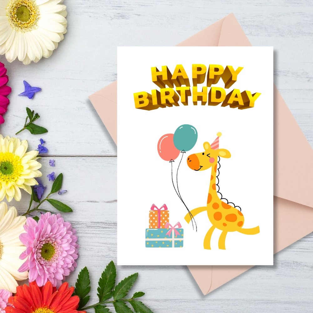 Happy Birthday Giraffe Greeting Card | Printable 5x7 Inch Digital Download | Cute Animal with Balloons & Gifts #017