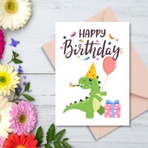 Happy Birthday Dinosaur Greeting Card | Printable 5x7 Inch Digital Download | Cute Dino with Balloon & Gift #012