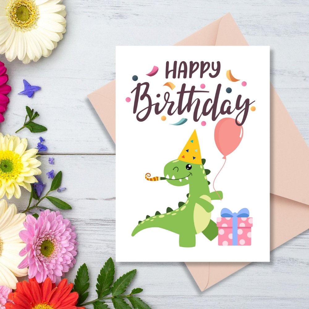 Happy Birthday Dinosaur Greeting Card | Printable 5x7 Inch Digital Download | Cute Dino with Balloon & Gift #012