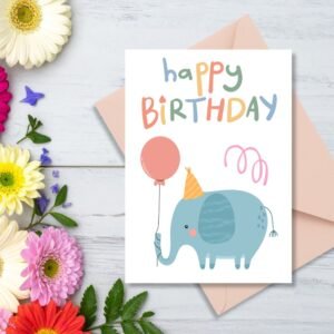 Happy Birthday Elephant Greeting Card | Printable 5x7 Inch Digital Download | Cute Elephant with Balloon & Party Hat #019