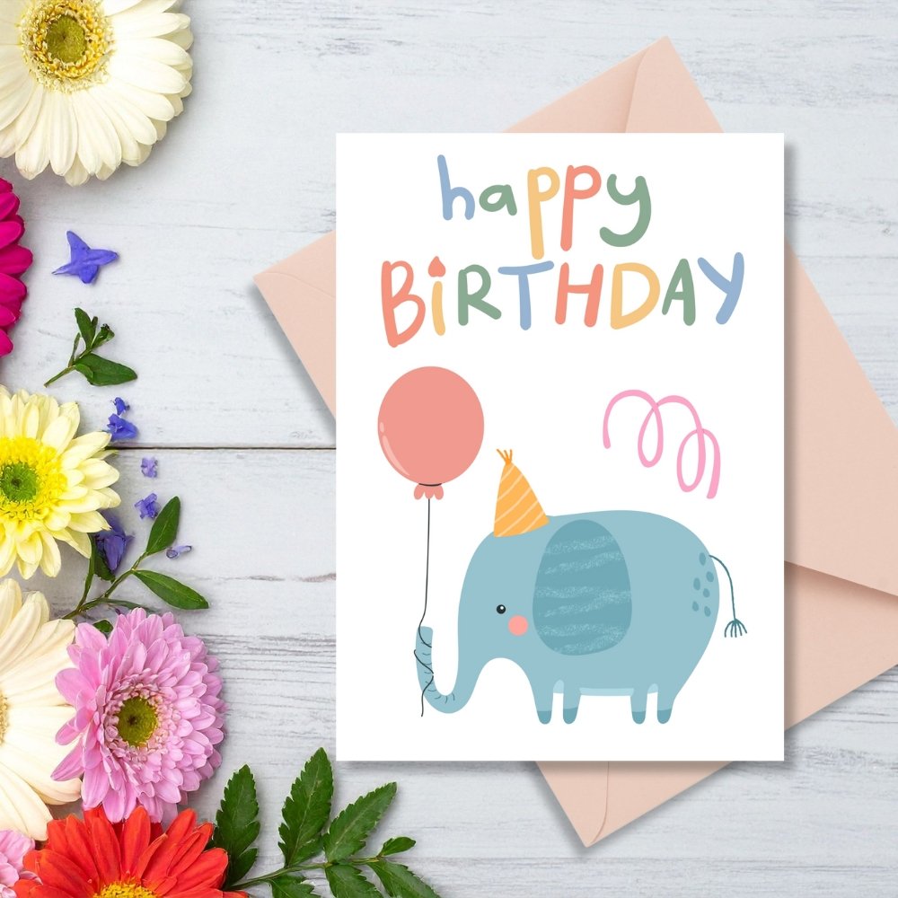 Happy Birthday Elephant Greeting Card | Printable 5x7 Inch Digital Download | Cute Elephant with Balloon & Party Hat #019
