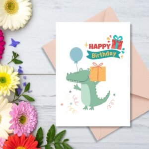 Happy Birthday Crocodile Greeting Card | Printable 5x7 Inch Digital Download | Cute Croc with Balloon & Gift #020