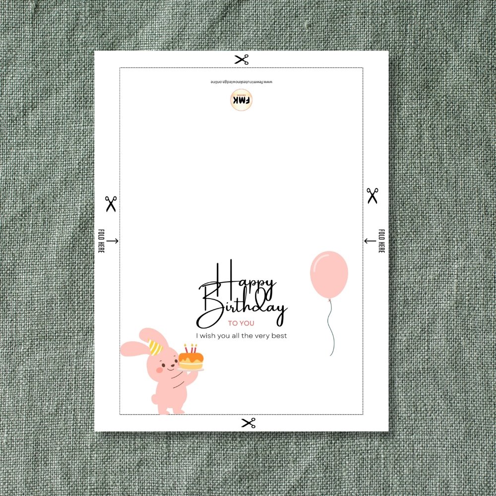 Happy Birthday Bunny Greeting Card | Printable 5x7 Inch Digital Download | Cute Rabbit with Cake & Balloon #021