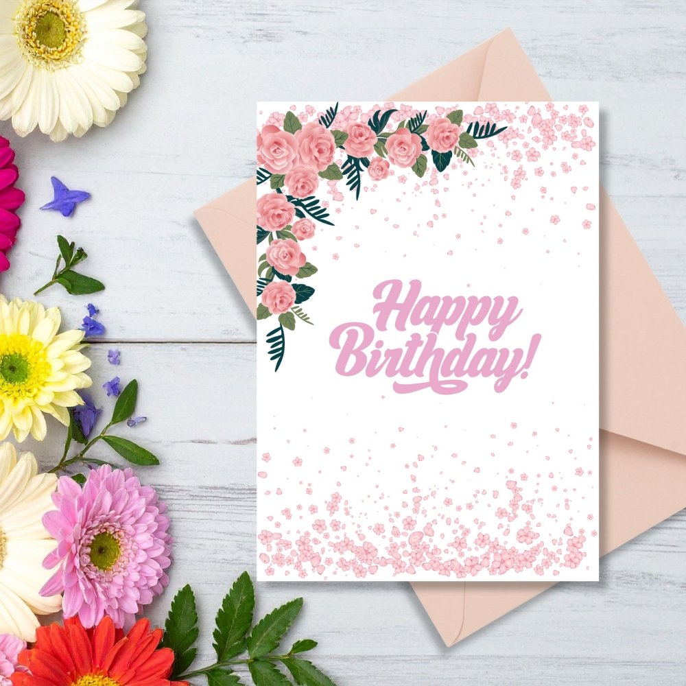 Happy Birthday Greeting Card | Elegant Pink Roses & Petals | Printable 5x7 Inch Digital Download #003