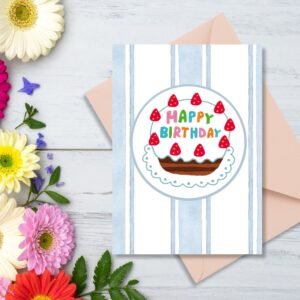 Happy Birthday Greeting Card | Strawberry Cake Illustration | Printable 5x7 Inch Digital Download #004