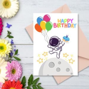 Happy Birthday Greeting Card | Astronaut & Balloons | Printable 5x7 Inch Digital Download #007