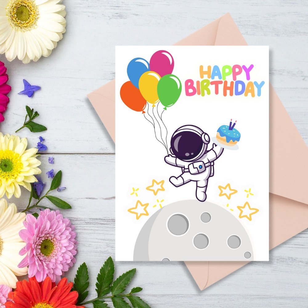 Happy Birthday Greeting Card | Astronaut & Balloons | Printable 5x7 Inch Digital Download #007