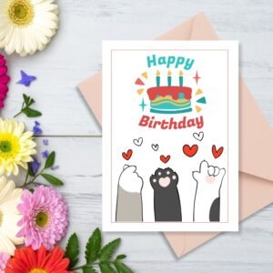 Happy Birthday Cat Greeting Card | Printable 5x7 Inch Digital Download | Cute Cat Paws & Cake #008