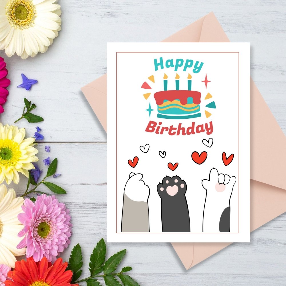 Happy Birthday Cat Greeting Card | Printable 5x7 Inch Digital Download | Cute Cat Paws & Cake #008