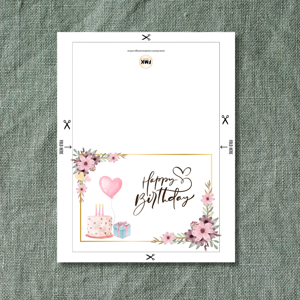 Happy Birthday Floral Greeting Card | Printable 5x7 Inch Digital Download | Pink Cake, Balloon & Flowers #023