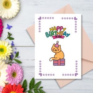 Happy Birthday Greeting Card | Cat with Gift & Paw Print Border | Printable 5x7 Inch Digital Download