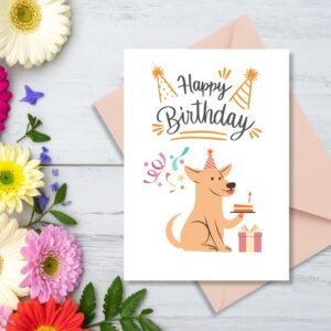 Happy Birthday Greeting Card | Party Dog with Cake | Printable 5x7 Inch Digital Download #001